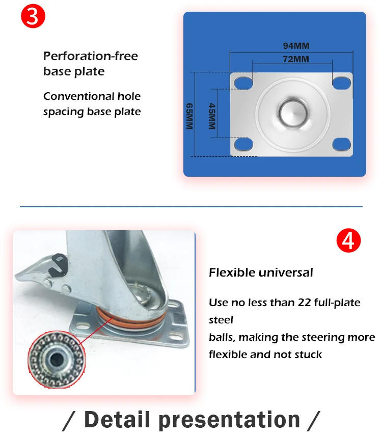 Medium duty 4 inch red 100mm pu swivel caster wheels with brake details