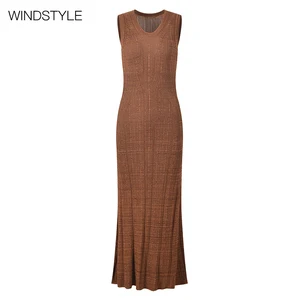 Design Sense Summer Knee-Length Sleeveless Knit Dress Solid Pattern Banquet Fishtail Skirt Back Hollow Crewneck Party Style