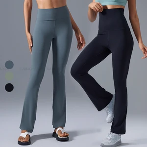 Comfortable Slimming Fit High Waist Flare Gym Fitness Pants Nude Feel Women's Sports Yoga Leggings with Foldable Waistband