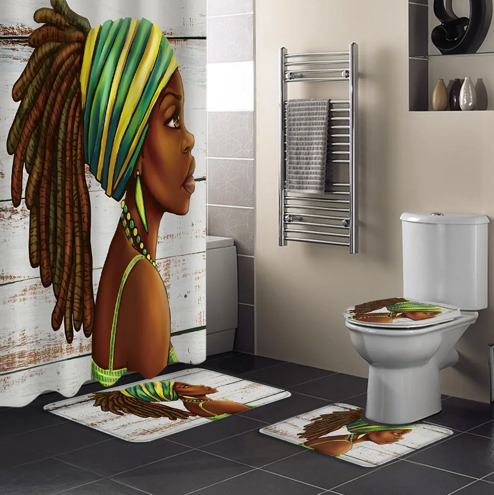 Hot Sale Wood Texture African Black Women Printing Bath Rug And Shower Curtain 4pcs Gift Bathroom Set For Modern Toilet Decor Buy Shower Curtain With Bath Rug Sets