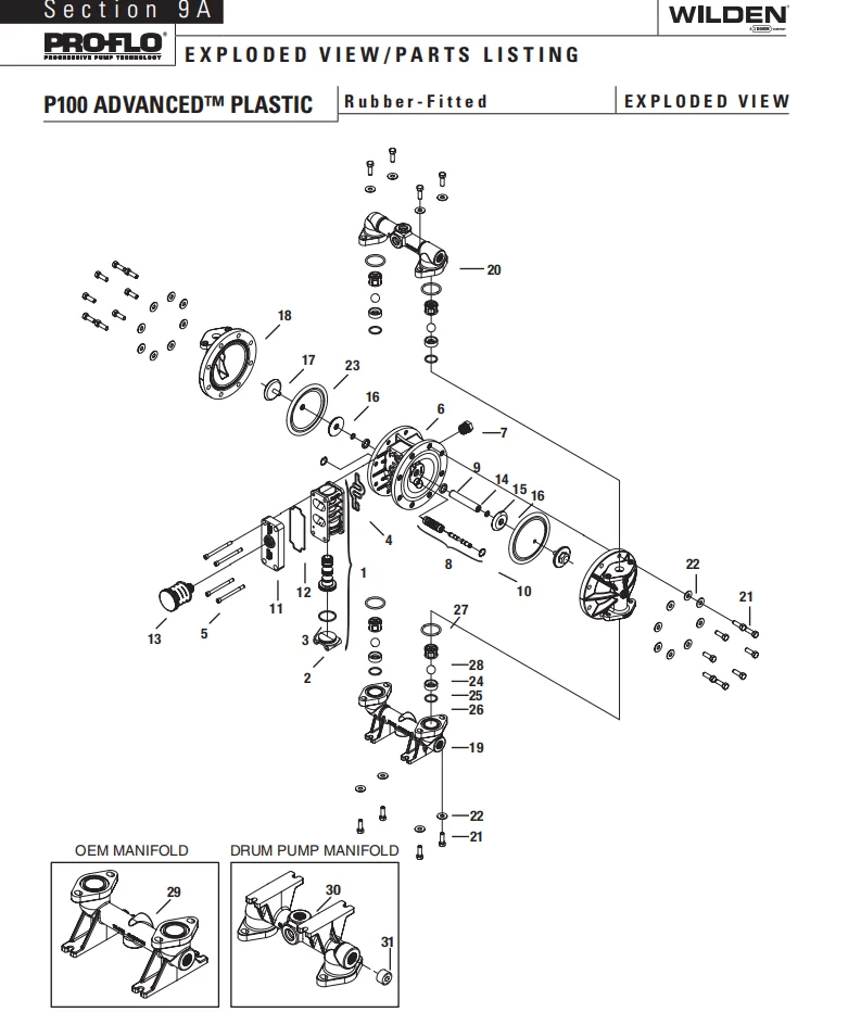 Wilden P100 Bolted Plastic Air Operated Double AODD Pneumatic Pump with PTFE Diaphragm P100/PPPPP/TNU/TF/PTV/0014 0.5 Inch OEM supplier