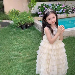 Summer ODM Diamond Sequin Sleeveless Kids Ball Gown Dress Layered Tulle Long Cake Formal Girl Dress for Birthday Party