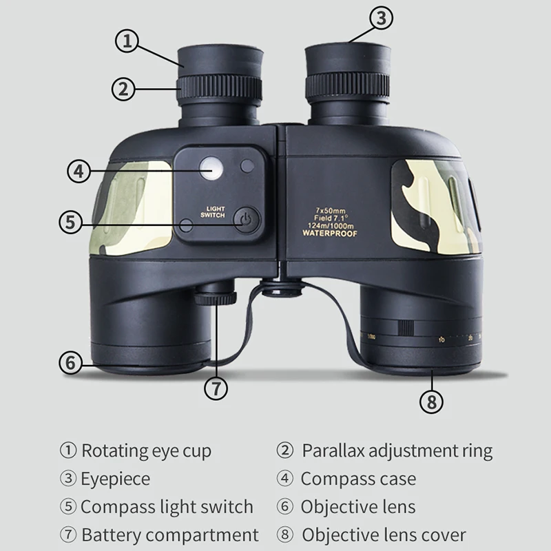 Professional 7X50 High Quality BAK4 Prism Binoculars with Compass Waterproof Binoculars Telescope HD for Travelling