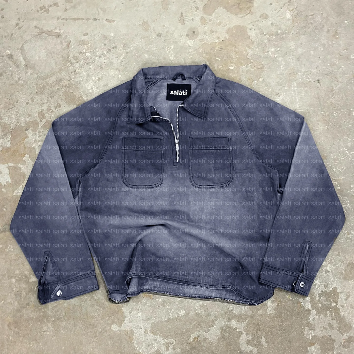 Salati 1/4 Quarter Zip Pullover Sweatshirt Sun Faded Blank Baggy Acid Wash Long Sleeve Jean Denim Tshirt Workwear Work Shirt Men