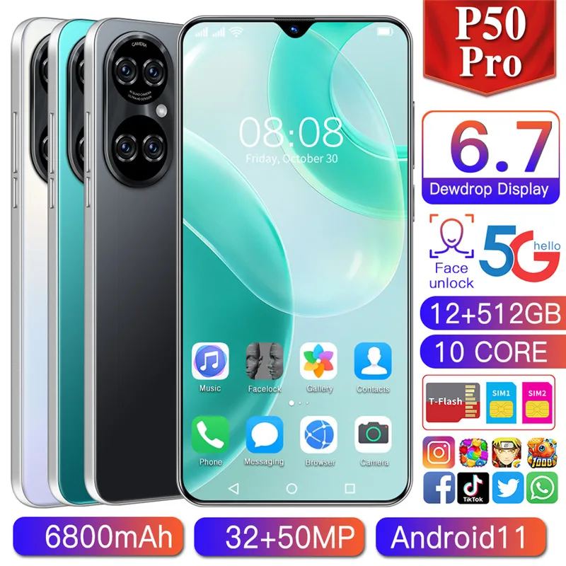 Новое поступление P50 Pro мобильный телефон 6,7 дюймов экран неблокированный Android 10 12 Гб + 512 Гб мобильный телефон 3G 4G 5G Чехол для мобильного телефона