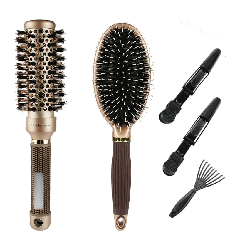 Masterlee custom logo boar bristle massage comb ceramic round comb with clips set