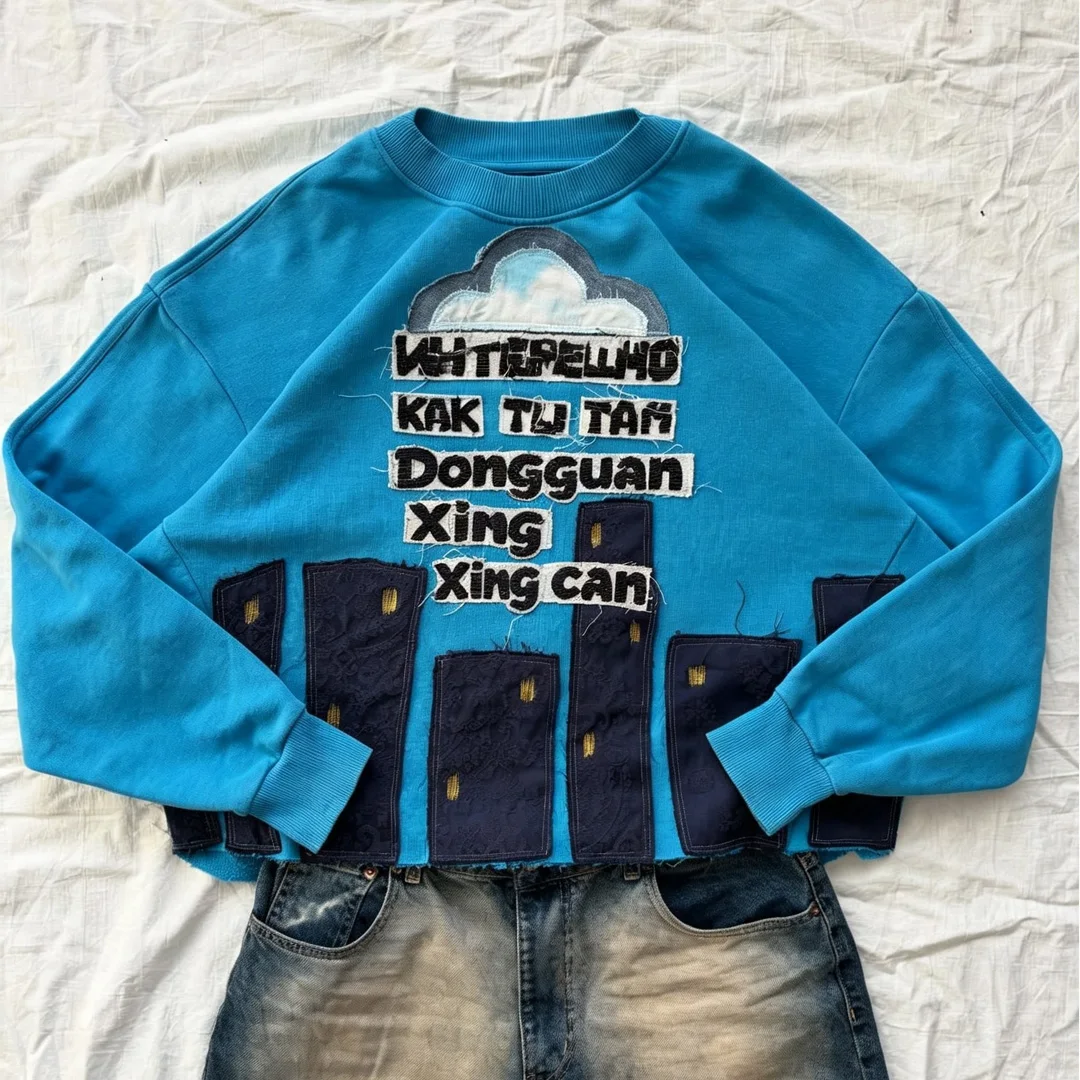 Swaar geborselde 100% katoen kort crewneck met lap- en 3D-borduurwerk brief, vintage gewas mans normale pasvorm straatklere sweatshirt