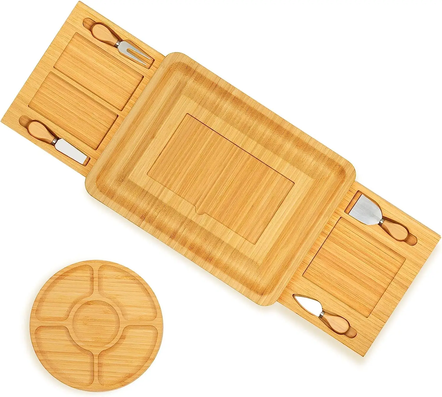 Bamboo Cheese Board and Knife Set with Round Cheese Platter, Large Charcuterie Boards Set for Christmas Gifts