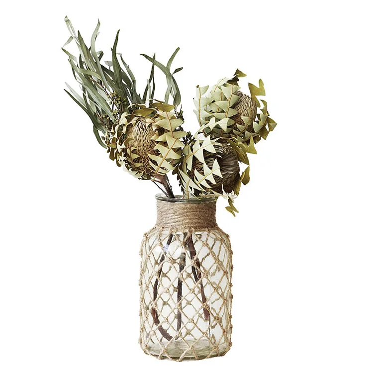 Decorative Flower Vase with Creative Rope Net - Rustic Glass