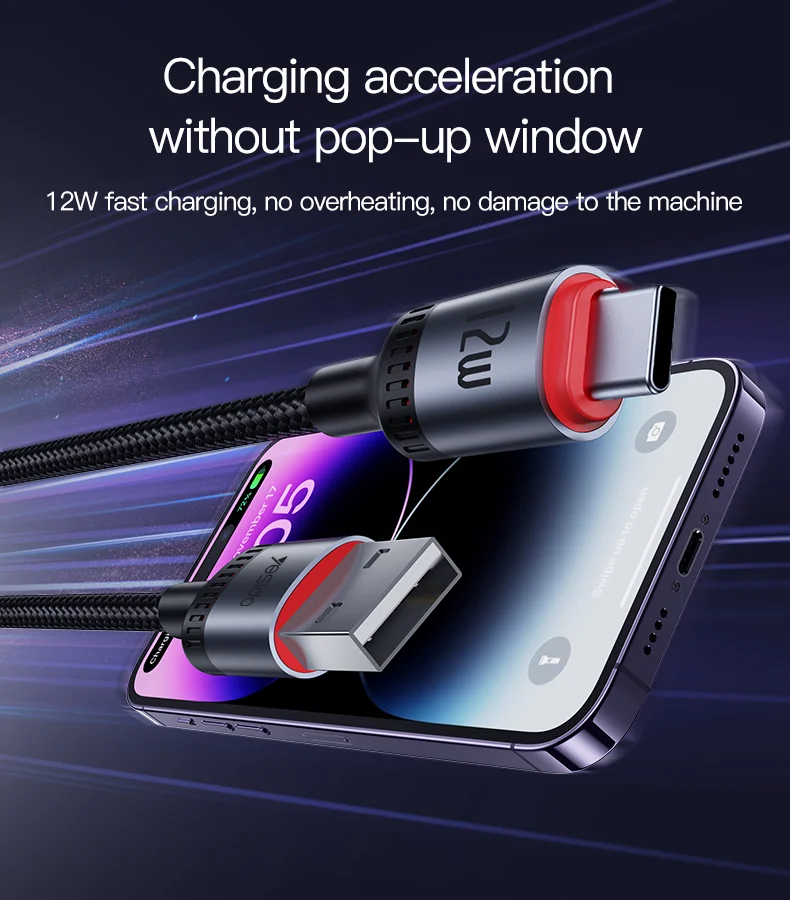 Yesido CA130L 2 متر USB إلى IP 12 واط شحن سريع مدمج في صحن سبائك الألومنيوم مضفر