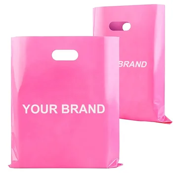 Customized Logo Pink Shopping Boutique Gifts Die Cut Handle Bag, Stocking Sizes Reusable Plastic Carry Bag with Handle