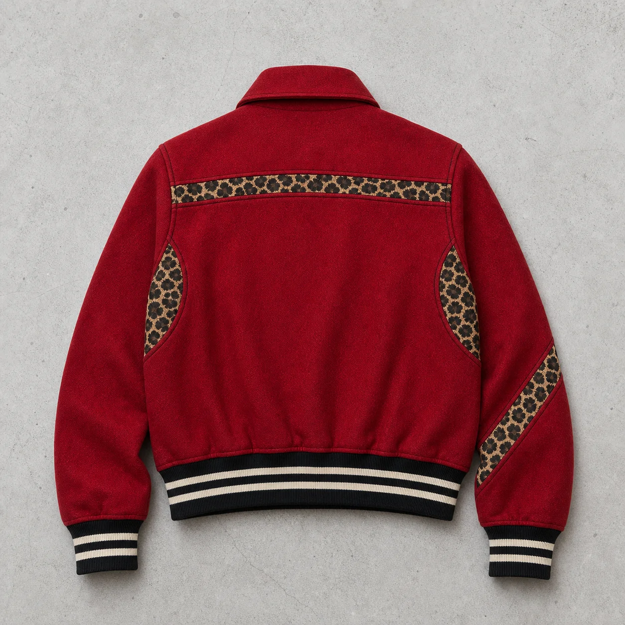 Wholesale Custom Logo Red Wool Blend Leopard Trim Snap Button Striped Rib Streetwear Casual Winter Bulk Men Varsity Jacket gallery 2