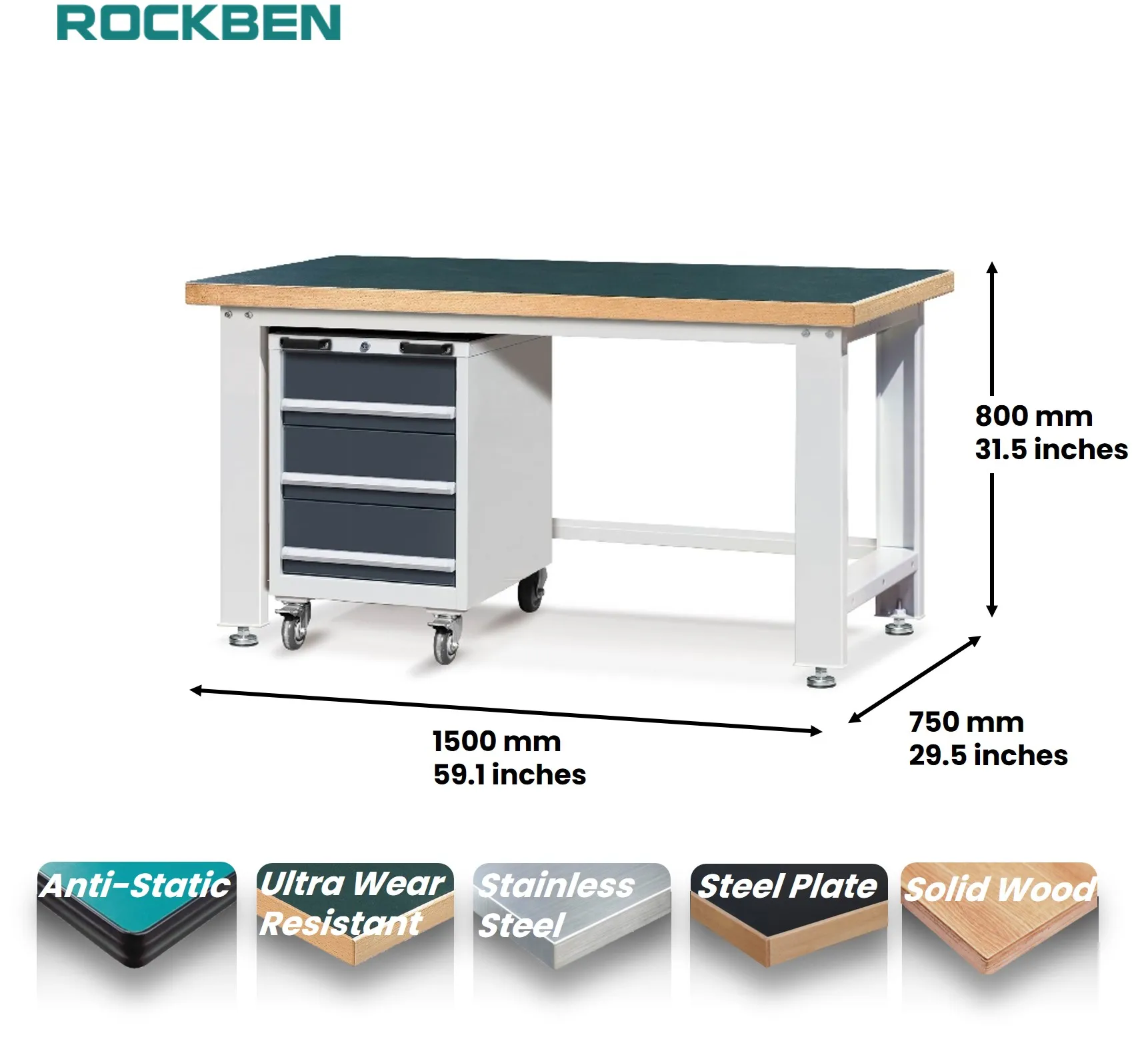 ROCKBEN Personalized Customization High Strangth 3-Drawer Mobile Tool Cabinet & Workbench for Manufacturing Plant