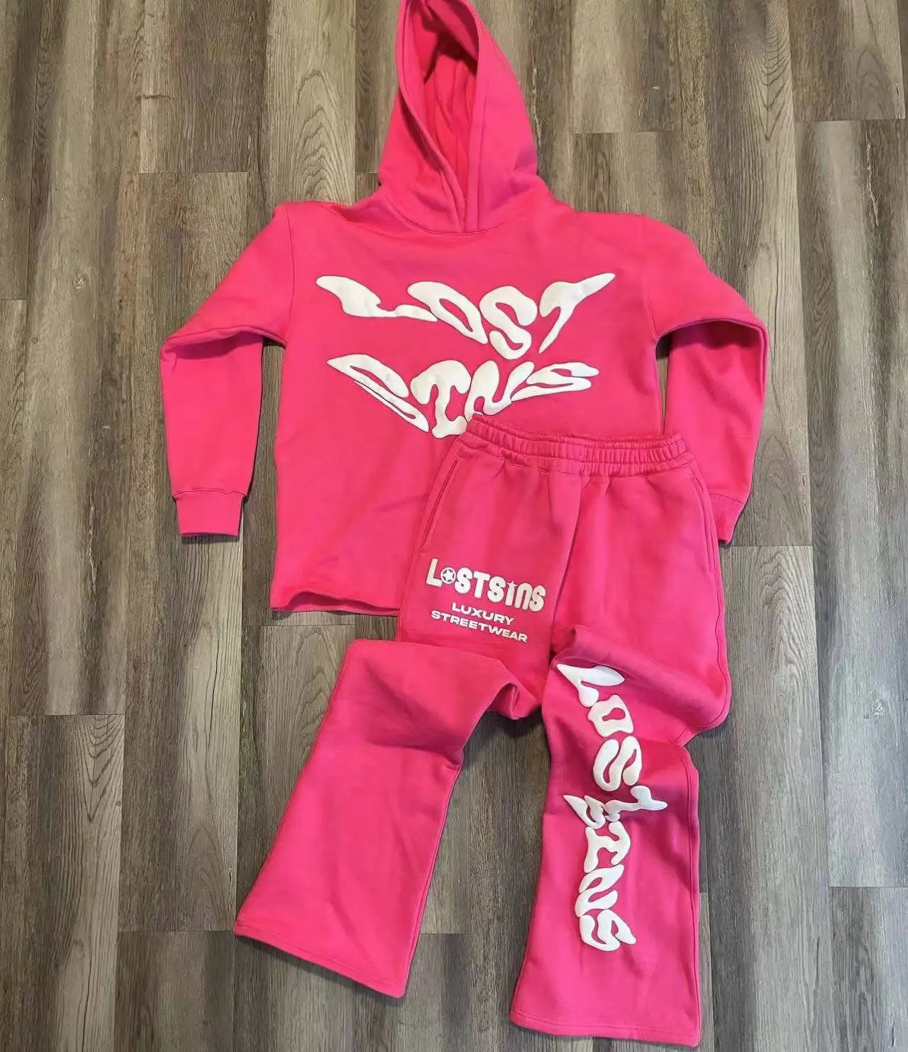 Raw Hem Hoodies and Flared Stacked Sweatpants Two Piece Tracksuit Set Custom Cotton 3D Puff Print Women Unisex Sweatsuit Men gallery 5