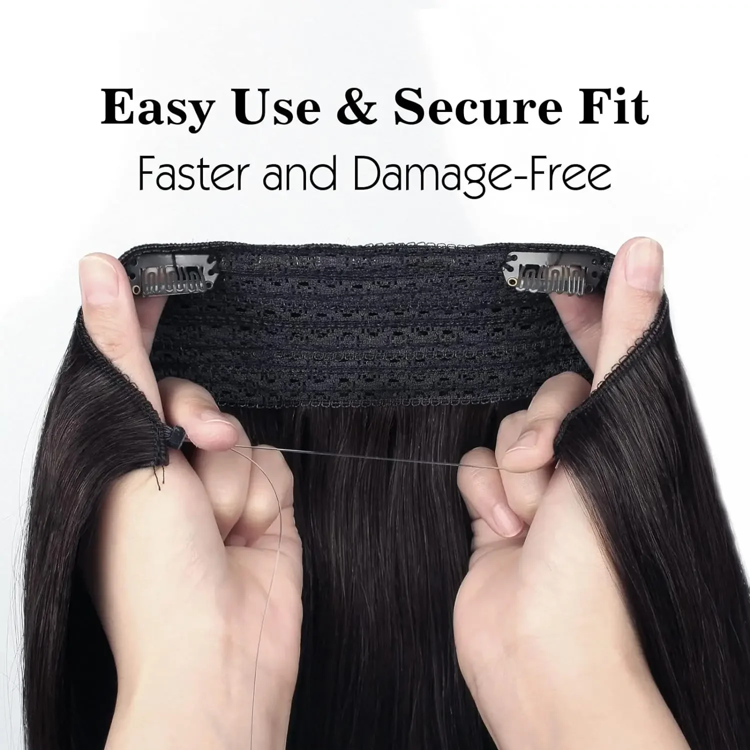Extension per capelli umani Remy neri con filo invisibile e filo di pesce_voghion.com