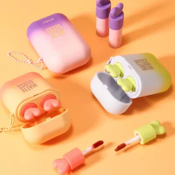 New Design Earphone Box Matte Lipstick Waterproof Vegan Cruelty Free Velvet Nude Liquid Lipgloss Makeup Double Tube Color Box