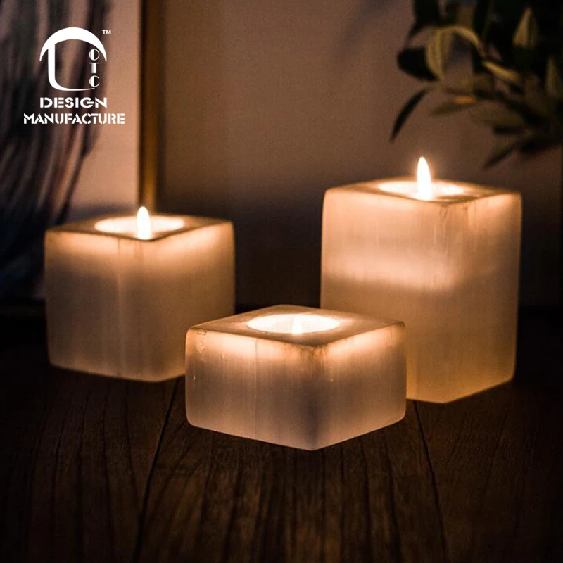 supplier new handmade SPA  selenite crystal tealight square candle holder for holiday gift