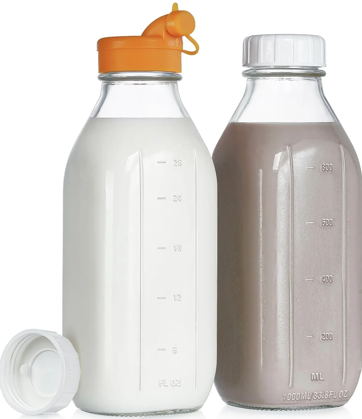 3 Bottiglie Vetro Per Latte 907 Ml Con Tappo Dosatore In Silicone - Scala Millilitri E Once