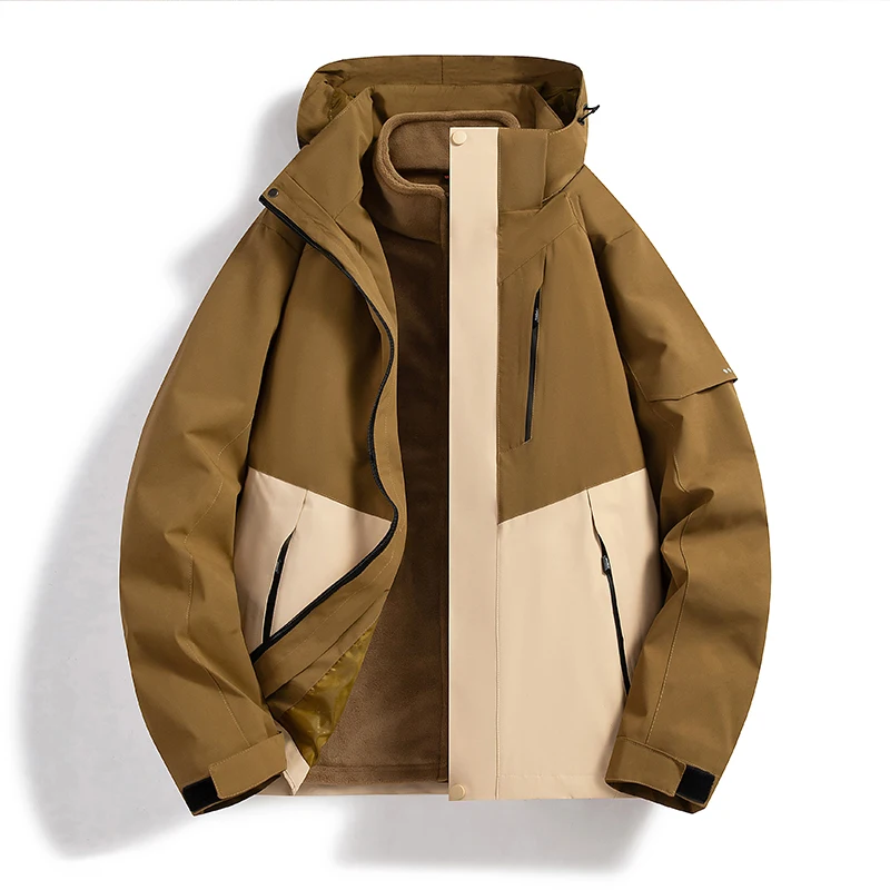 Three-in-one detachable stand-up collar zippered waterproof and windproof fleece lining, hooded color-blocked autumn/winter outdoor jacket
