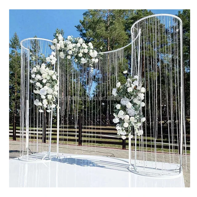 S shape white wedding arch gold curve backdrop stand with crystal curtain hanging