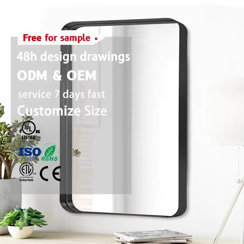 Modern Mirror Washroom Mirror with Rounded Corners Hotel Rectangle Stainless Steel Framed Bathroom Mirror