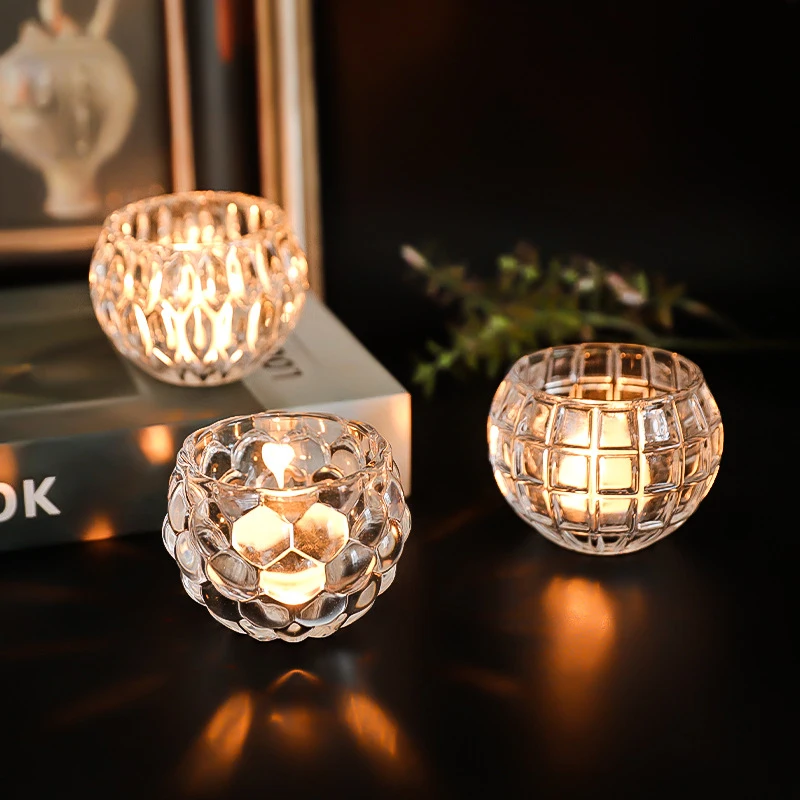 High Quality Romantic Crystal Embossed Clear Votive Glass Tealight Candle Holders for Centerpiece Home Table Decor