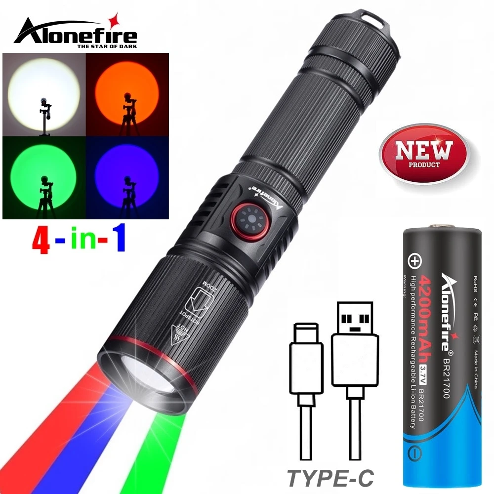 4 in 1 torcia multicolore, 300 lumen zoomabile una modalità bianco