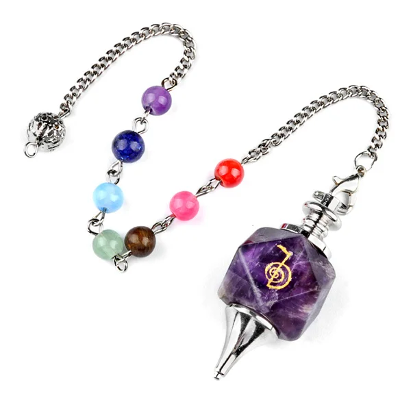 Cho Ku Rei Power Symbol 7 Chakra Bead Chain Pendulum Amethyst Reiki Symbol Pendant for Children's Healing & Hypnosis Jewelry Use