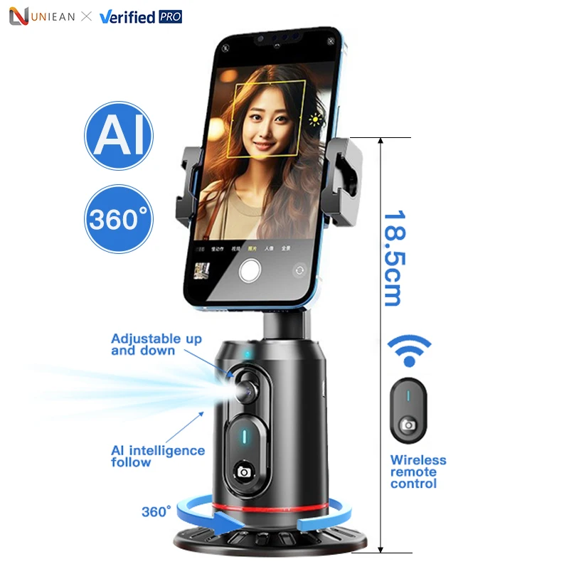 UNIEAN QO2 AI Tripod Selfie Stick 360 Rotation Phone Holder Auto Face  Tracking Gimbal Camera Phone Shooting Face Remote