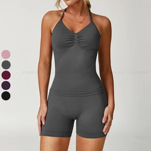 Wholesale Nylon Seamless Yoga Biker Shorts Gym Fitness Workout Activewear Custom Fashion 2 Piece Yoga Set Women