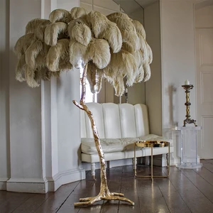 Wholesale High Quality Low MOQ Copper Decoration Tree Ostrich Feather Standing Hotel Corner Decor Modern Led Feather Floor Lamp