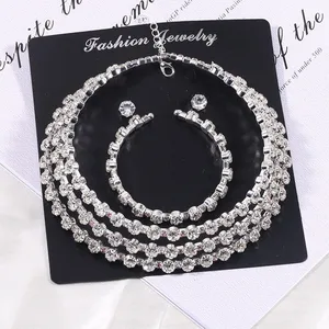 Classic Rhinestone Crystal Choker Necklace Earrings and Bracelet Set for Women Silver Color Bridal Wedding Party Jewelry Sets