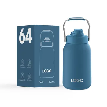 Half Gallon 64oz Custom Camping Water Bottle Stainless Steel Travel Thermal Drinking Container Vacuum Flasks Jug with Handle