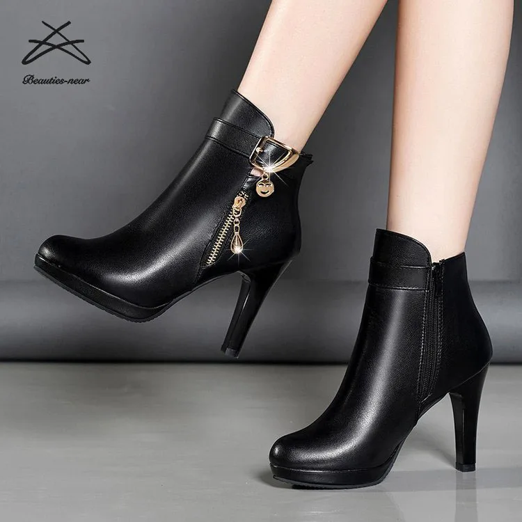 Hot Selling Women Winter Casual Black Zip Up Ladies Heeled Shoes High ...