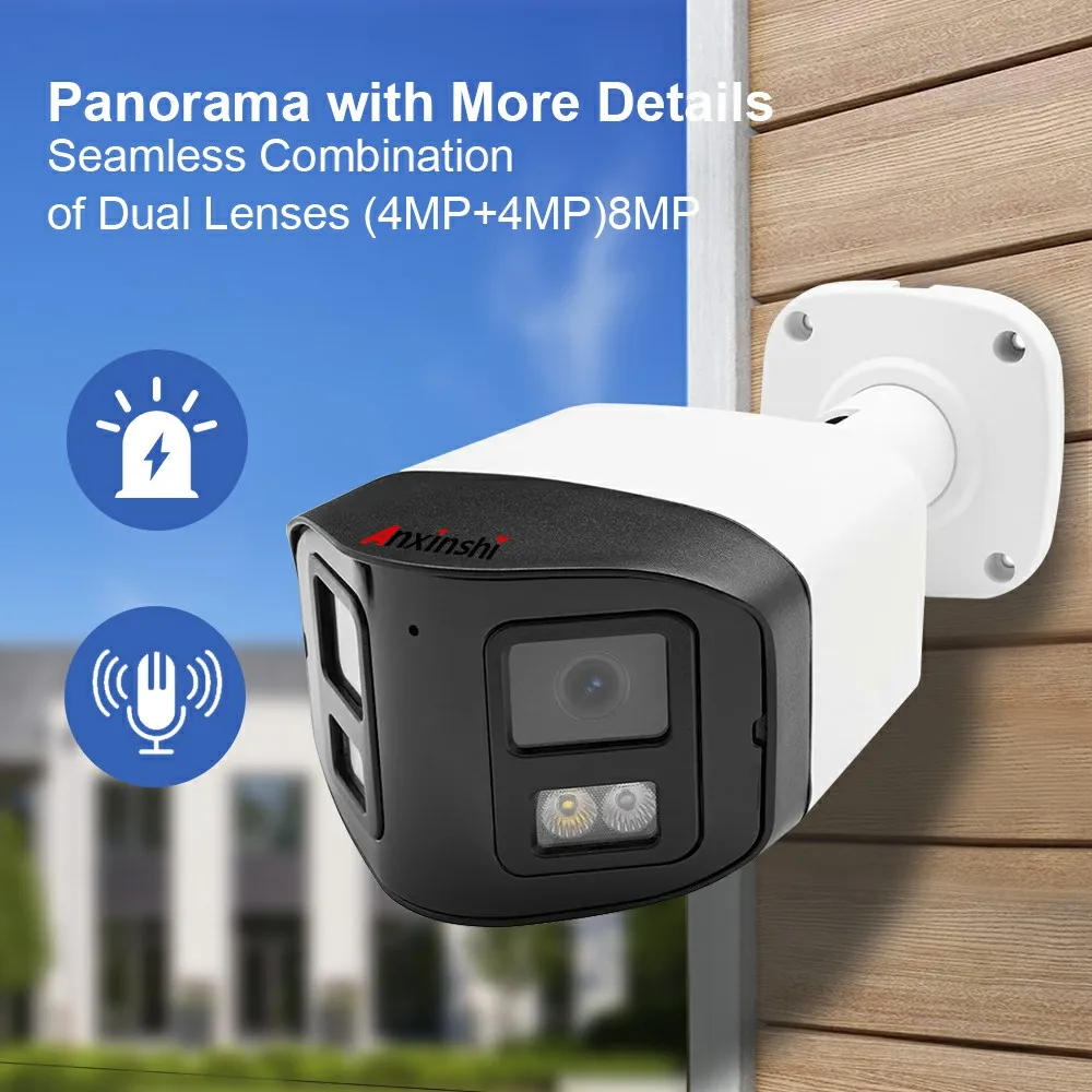 4+4MP Dual Lens 180 Degree Compatible IP PoE Security Camera IP66 Two Way  Audio CCTV Camera Fisheye Bullet IP Camera