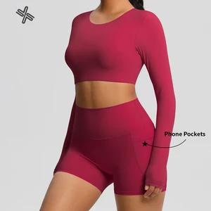 Nylon Long Sleeve Tank Top Workout Shorts Women Fitness Yoga Top Active Wear Gym Sets