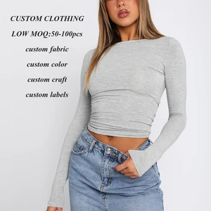 Clothing Factory Custom logo Printing Slim Fit Women Long Sleeve Tshirts Ladies Solid Color Plain Cropped Blank t Shirts