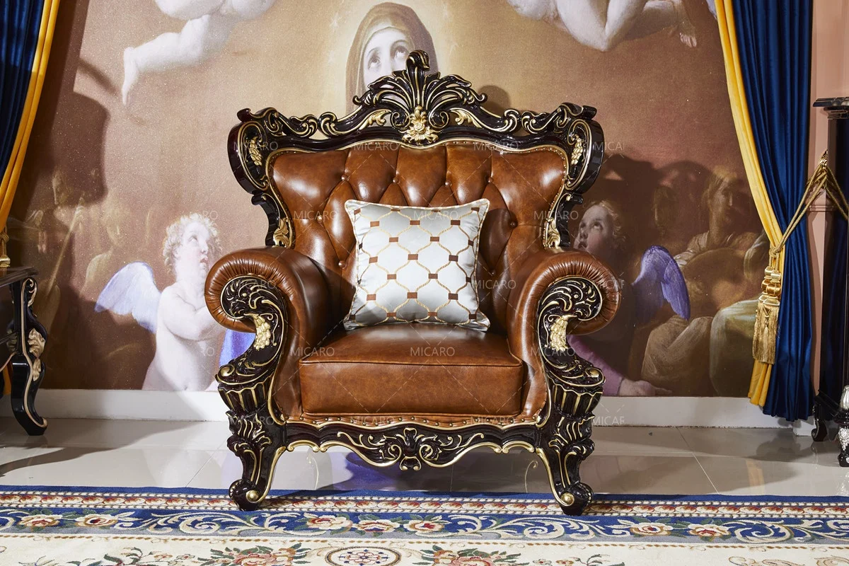 高級フランス地方風無垢材レザーソファセット リビングルーム家具