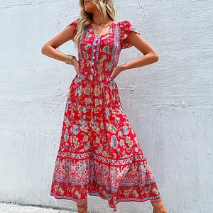Bohemian Beach Dress Summer Rayon Viscose Ladies Fashion Flower Printed Vestidos Clothing Women Vintage Boho Floral Casual Dress