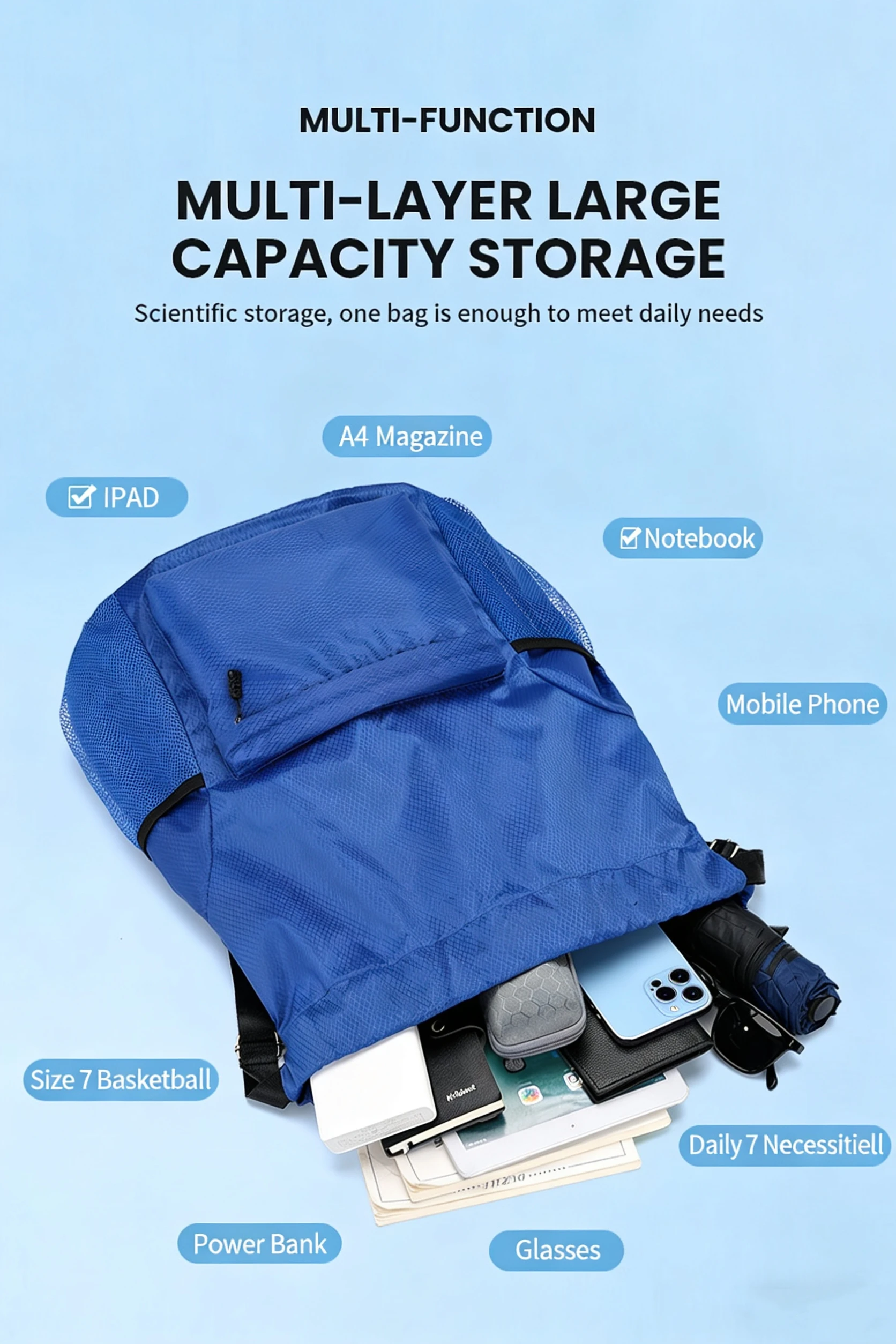 Custom Wholesale Classic Waterproof Polyester Sports Drawstring Backpack New Style Rope Basketball Swimming Training Storage preview 5