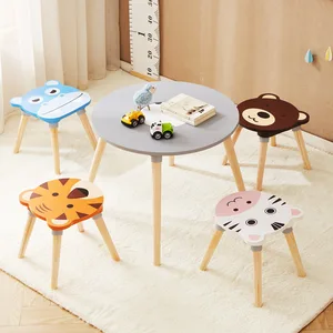 EDULAND Modern Bedroom Kids Wooden Animal Table Chair Set 4 Seats Includes Puppy Kitten Bunny Stool Arts Crafts Activity Dining