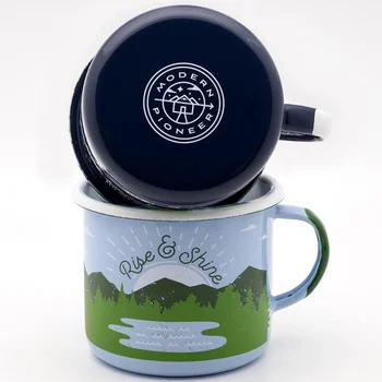 Custom Food Grade Coloured Enamel Mugs 320ML Enamel Metal Travel Coffee Mug With Stainless Steel Rim