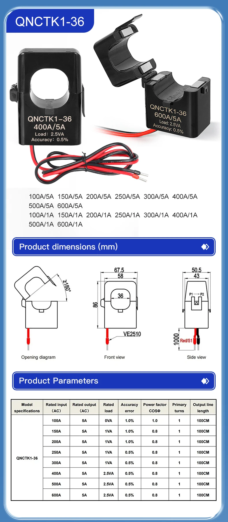 Split Core Current Transformer QNCTK1-36 300/5 400/5 500A 600A 5A 0.5 Class Current Sensor Open Type Current Transducer Clamp Ct