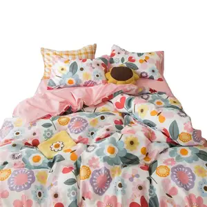 Anti-Pilling Non-Toxic Bedding Set Flower Multi-Color Printed Soft Cotton Duvet Cover Kids Bed Sheets Set