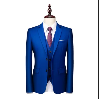 Men's Korean Style Three-Piece Solid Color Slim-Fit Business Casual Suit Trendy Flat Front Groom and Best Man's Style