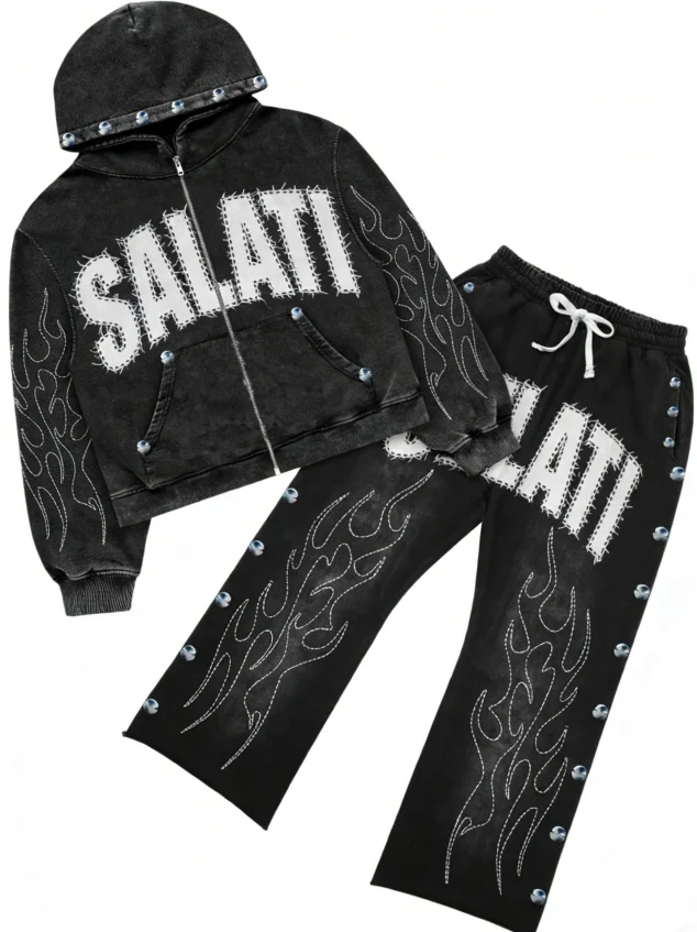 SALATI Custom Cotton Tracksuits Sweatpants and Hoodie Men Streetwear Acid Wash Distressing Embroidery Rhinestone Sweatsuit Set gallery 4
