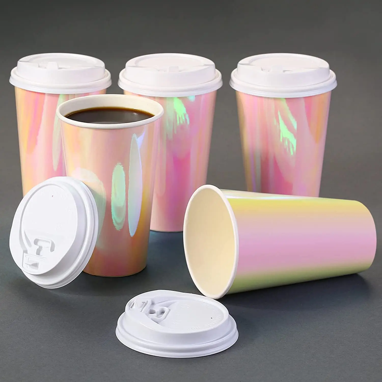 2023 new design inductive laser 12 oz disposable wholesale recyclable custom logo Laser rainbow paper cup with lids supplier