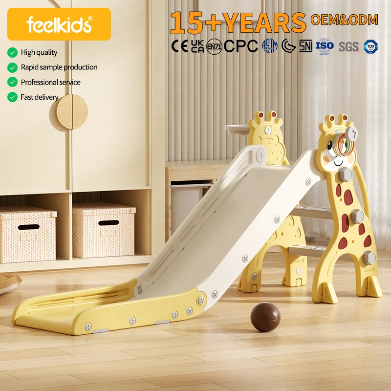 Wholesale 15Y+ Factory OEM ODM Deer Shape Toddler Slide CE CPC ASTM EN71 Certified Kids Indoor Slide with Basketball Hoop
