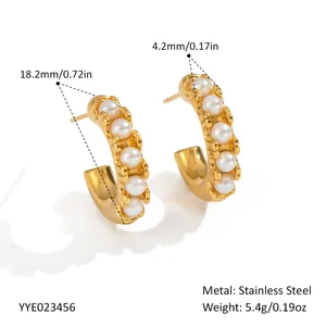 18K Gold Plated Stainless Steel CC Shaped Earrings for Women Pearl Jewelry with Colorful Cubic Zirconia Trendy Hoop Design