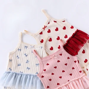 Summer Cute Suspenders Baby Clothes 100% Cotton Love Bow Pattern Lace Hemline  Baby Girl Bodysuit
